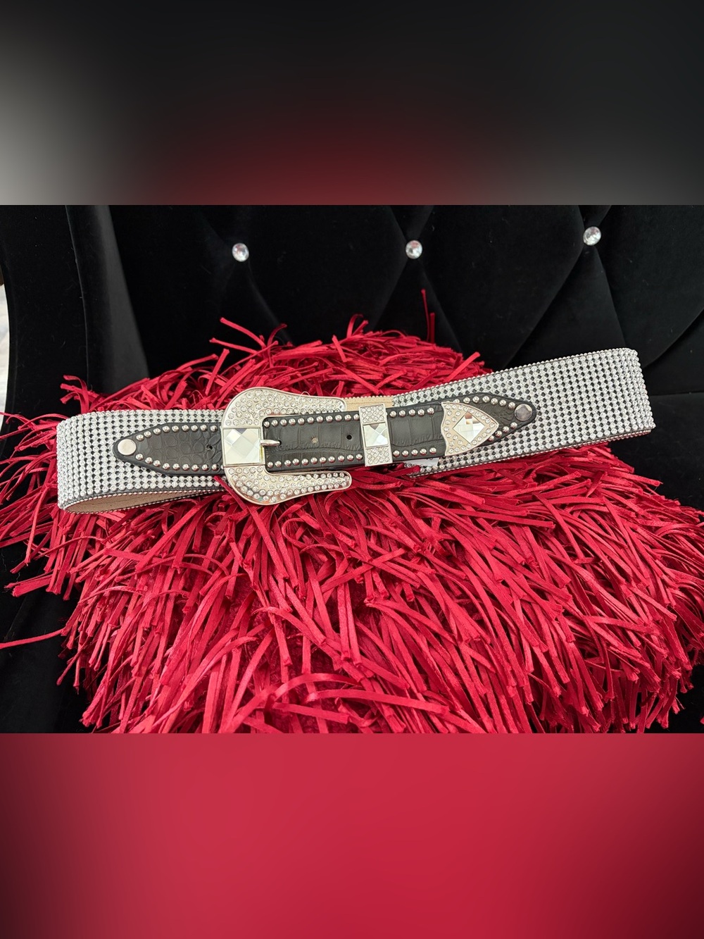 Rhinestone Waist Belt with Embellished Buckle - Silver